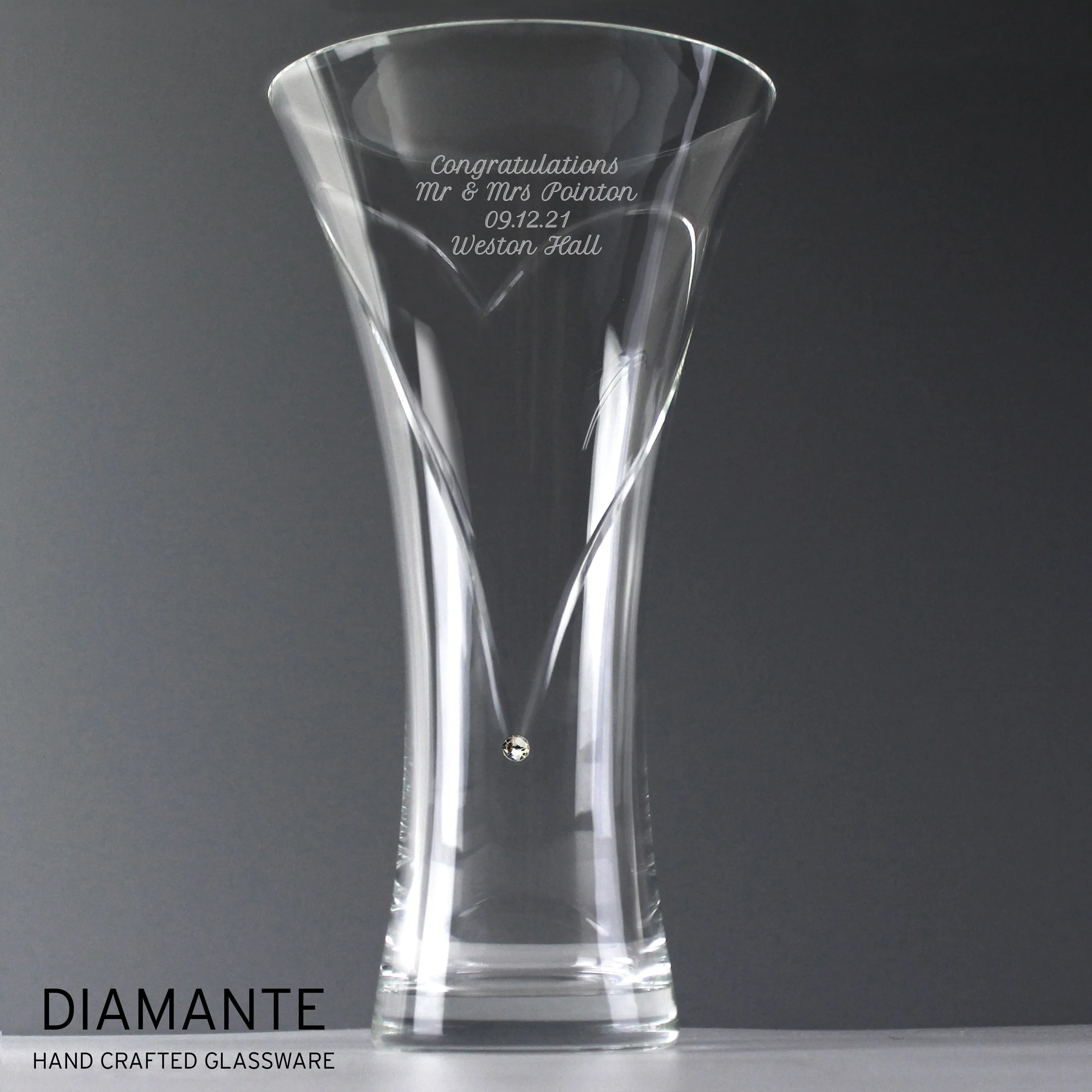 Personalised Engraved Large Hand Cut Diamante Heart Vase