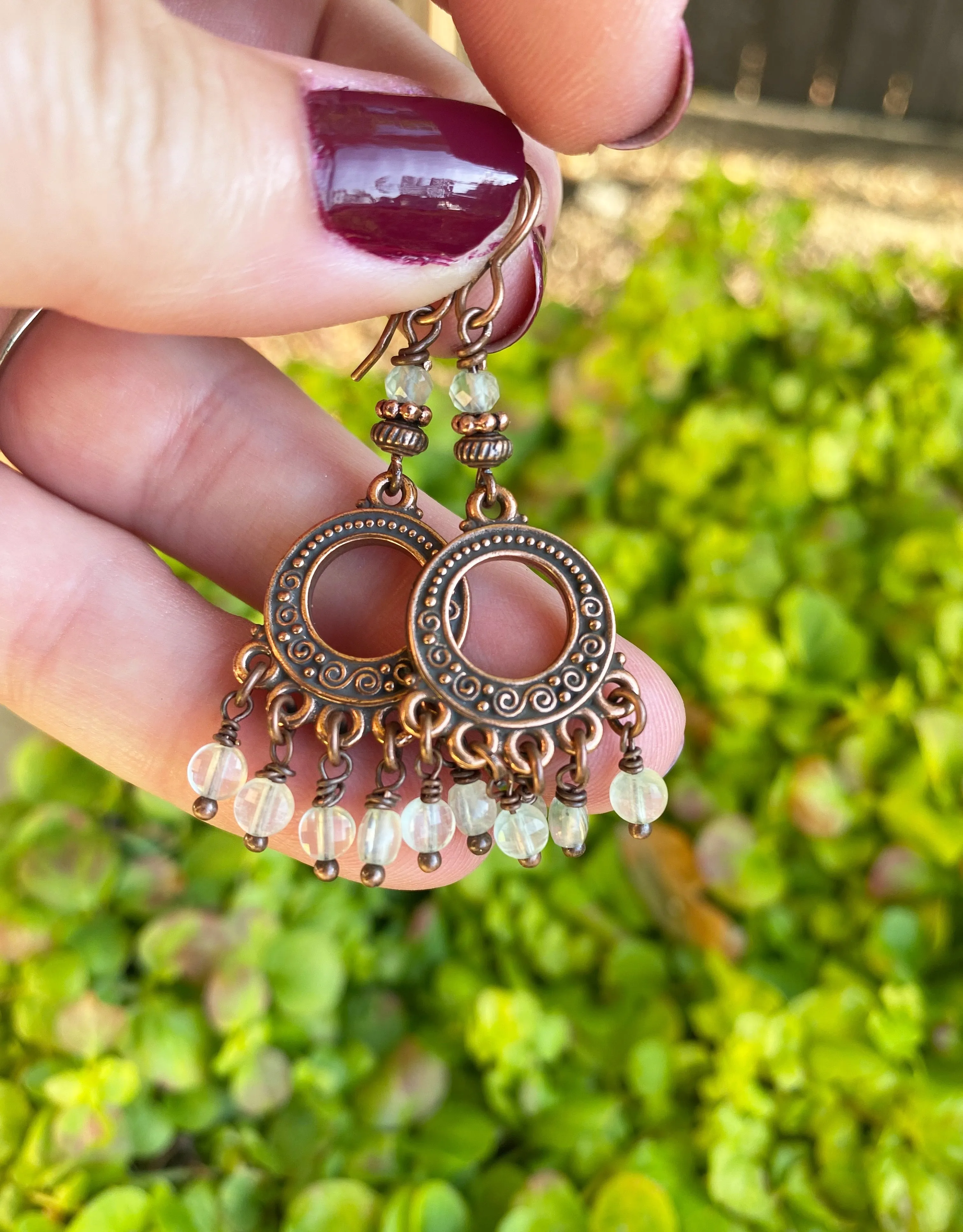 Prehnite stone and copper metal earrings