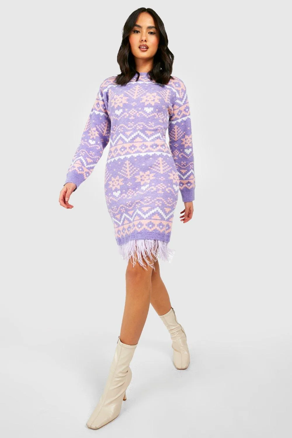 Premium Feather Trim Christmas Sweater Dress