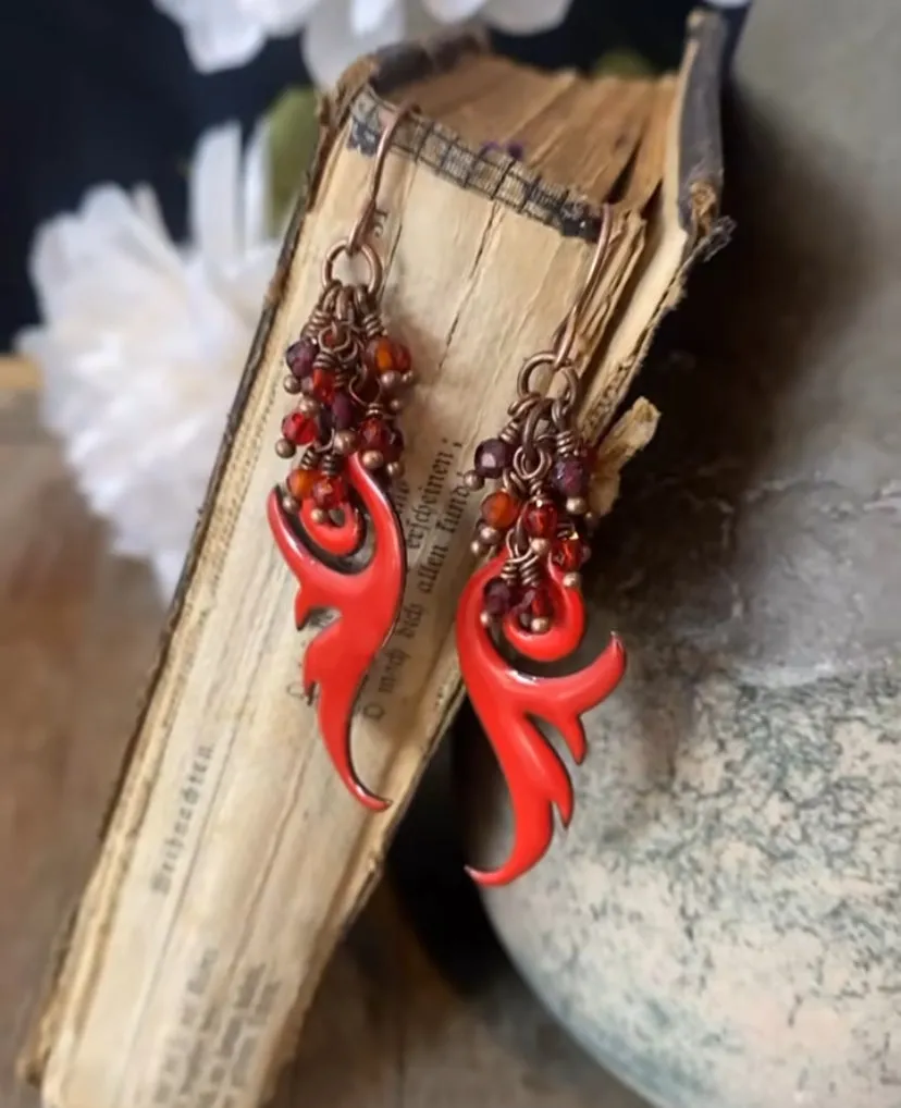 Red flame enamel charms, mixed stone, copper metal, earrings