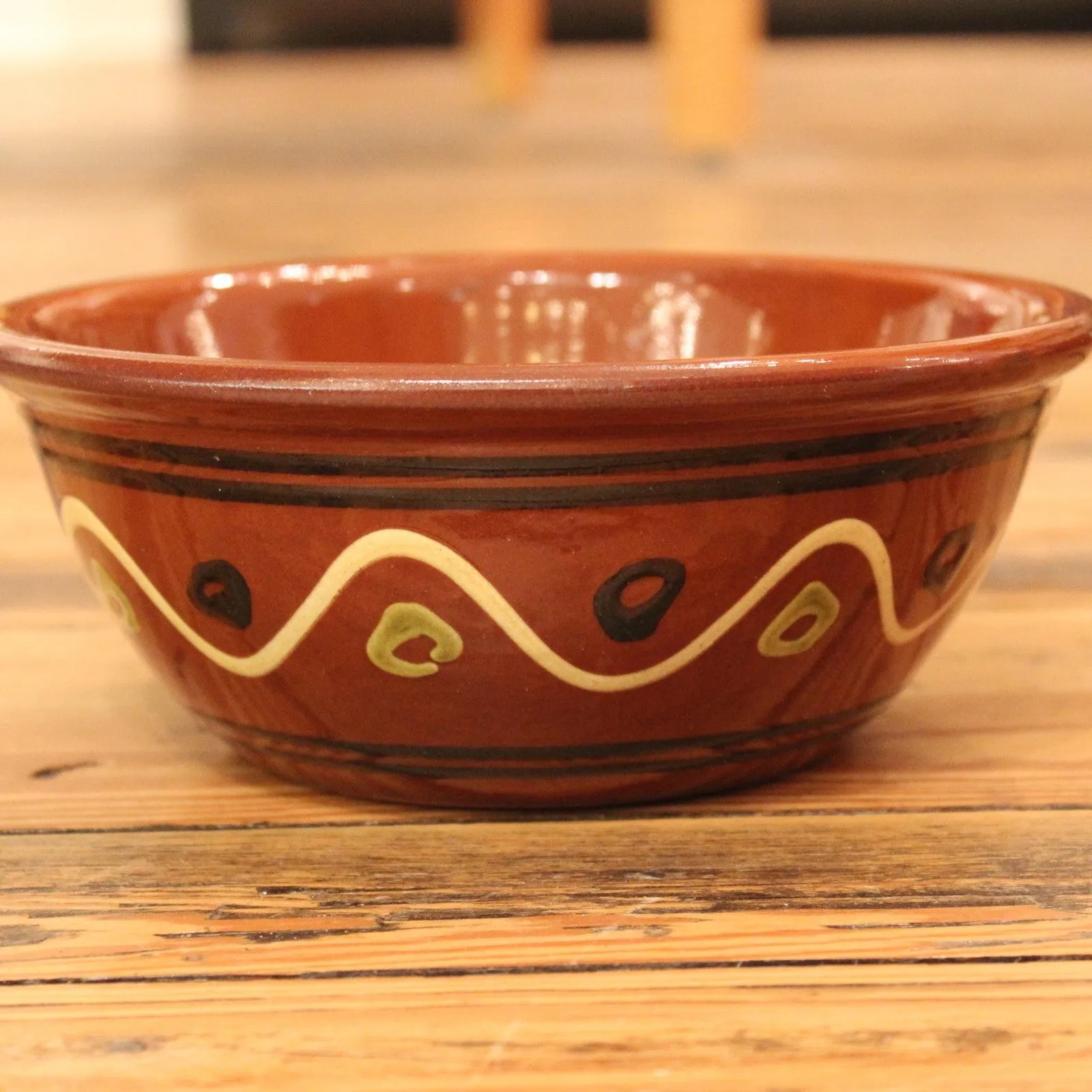 Redware Bowl with Lines and Polka Dots