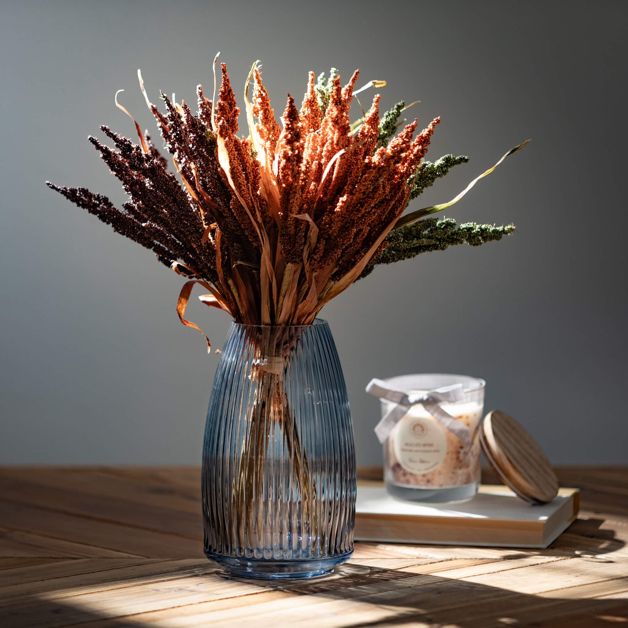 Ribbed Blue Gray Glass Vase