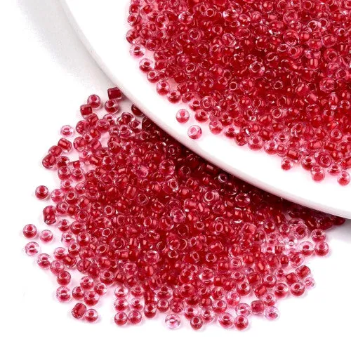 Seed Beads, Glass, Transparent, Inside Color, Crimson, Luster, #8, Round, 3mm