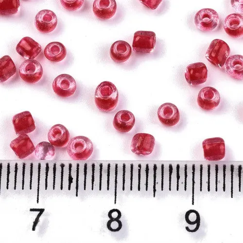 Seed Beads, Glass, Transparent, Inside Color, Crimson, Luster, #8, Round, 3mm