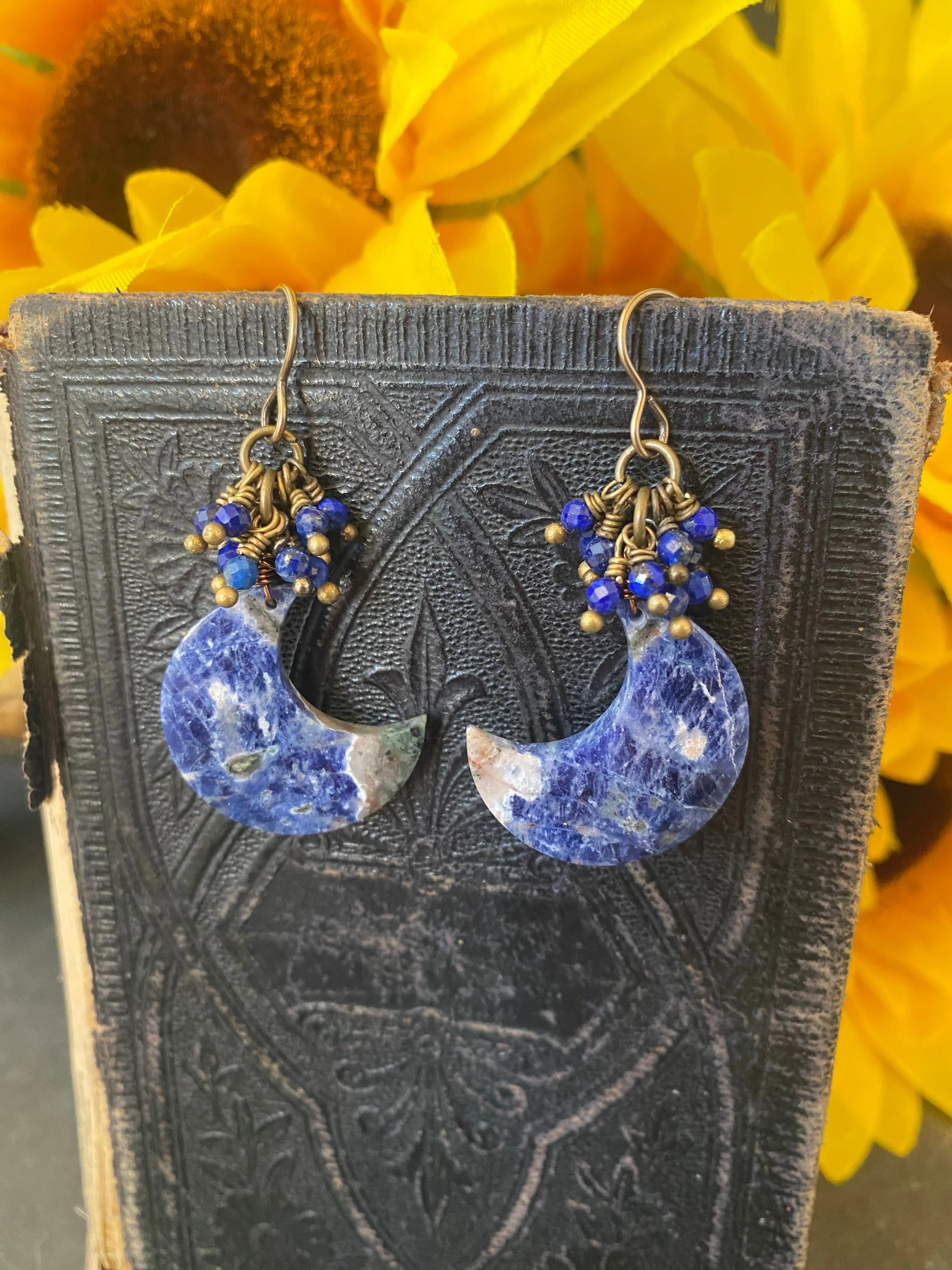 Sodalite moon stones, Lapis lazuli stone dangles, bronze metal, earring