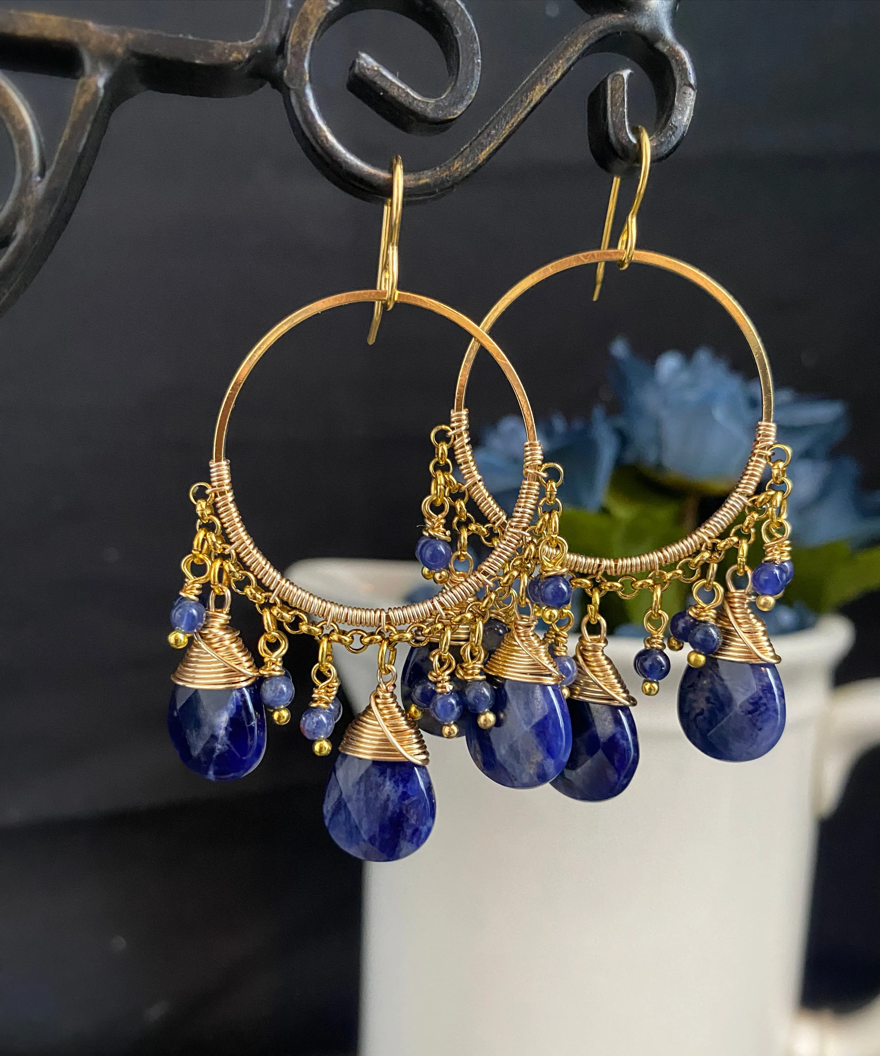 Sodalite stone and gold metal chandelier earrings, jewelry.