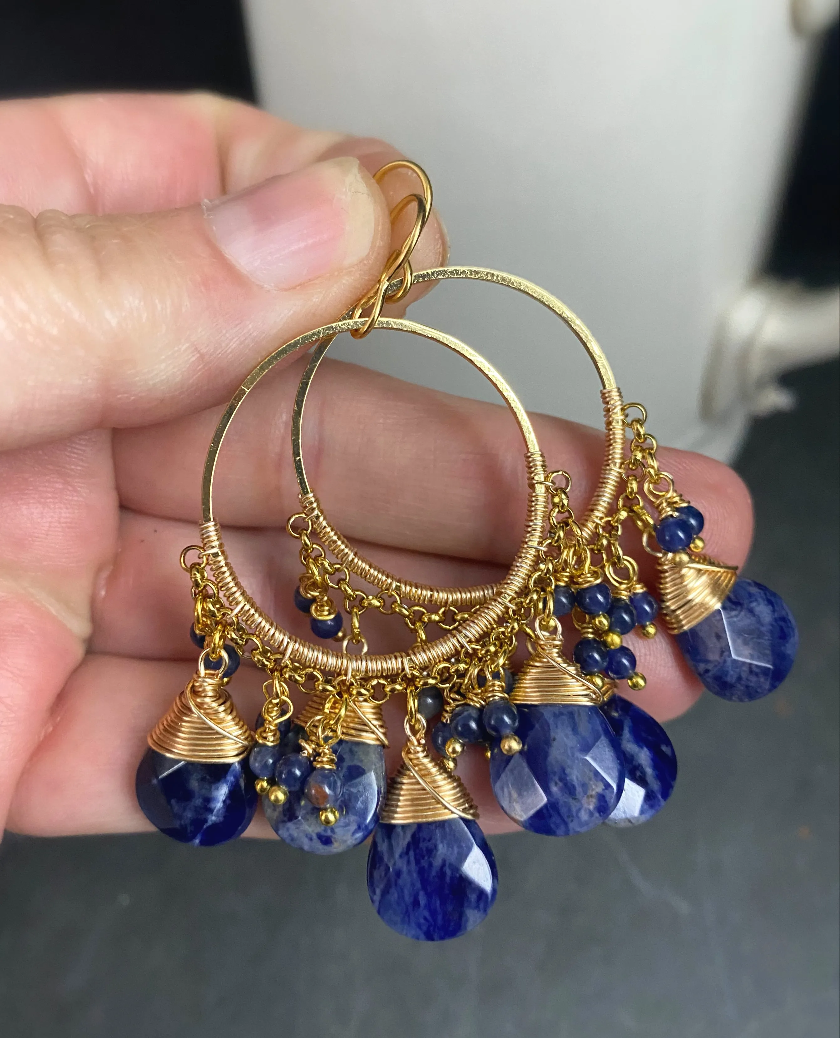 Sodalite stone and gold metal chandelier earrings, jewelry.