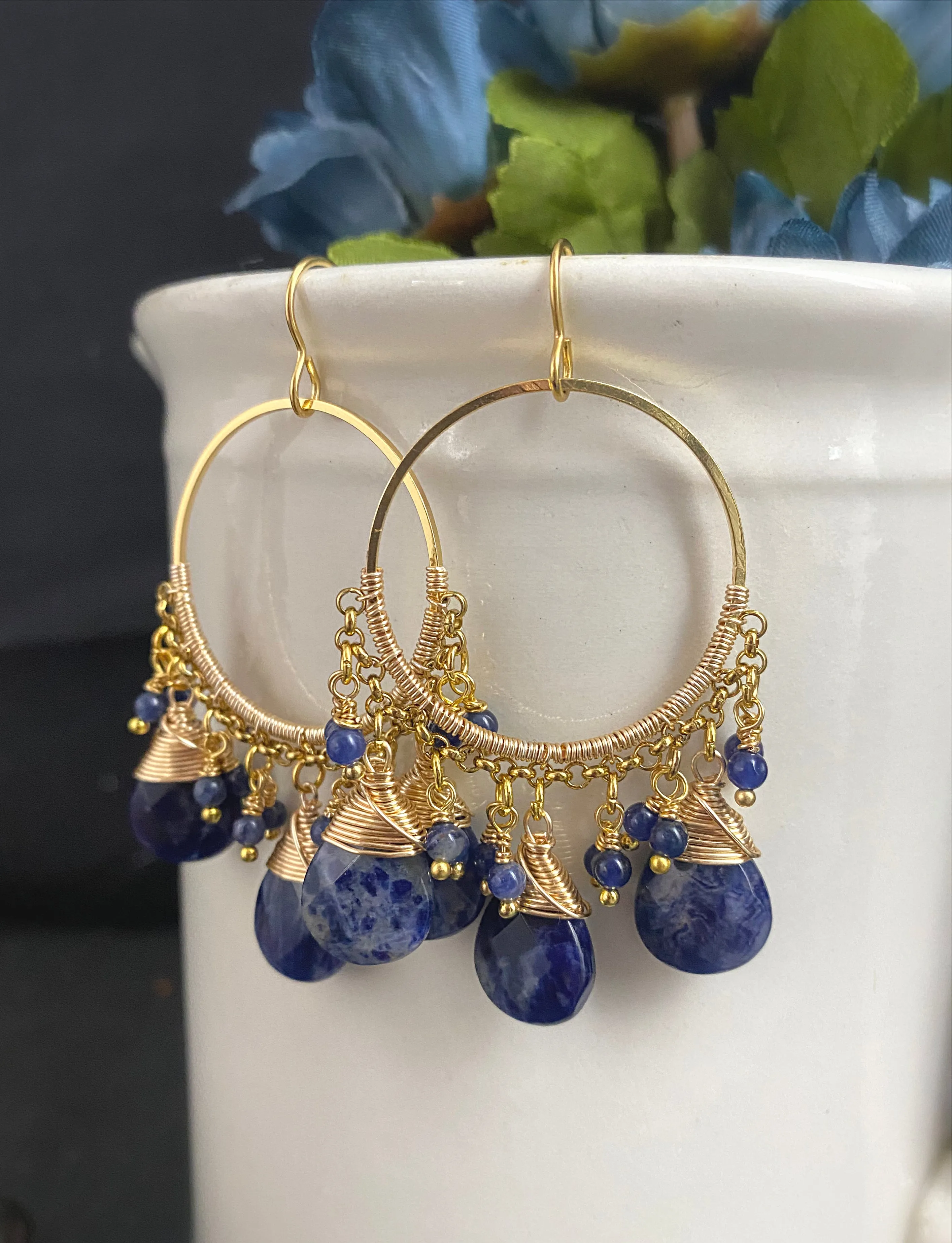 Sodalite stone and gold metal chandelier earrings, jewelry.