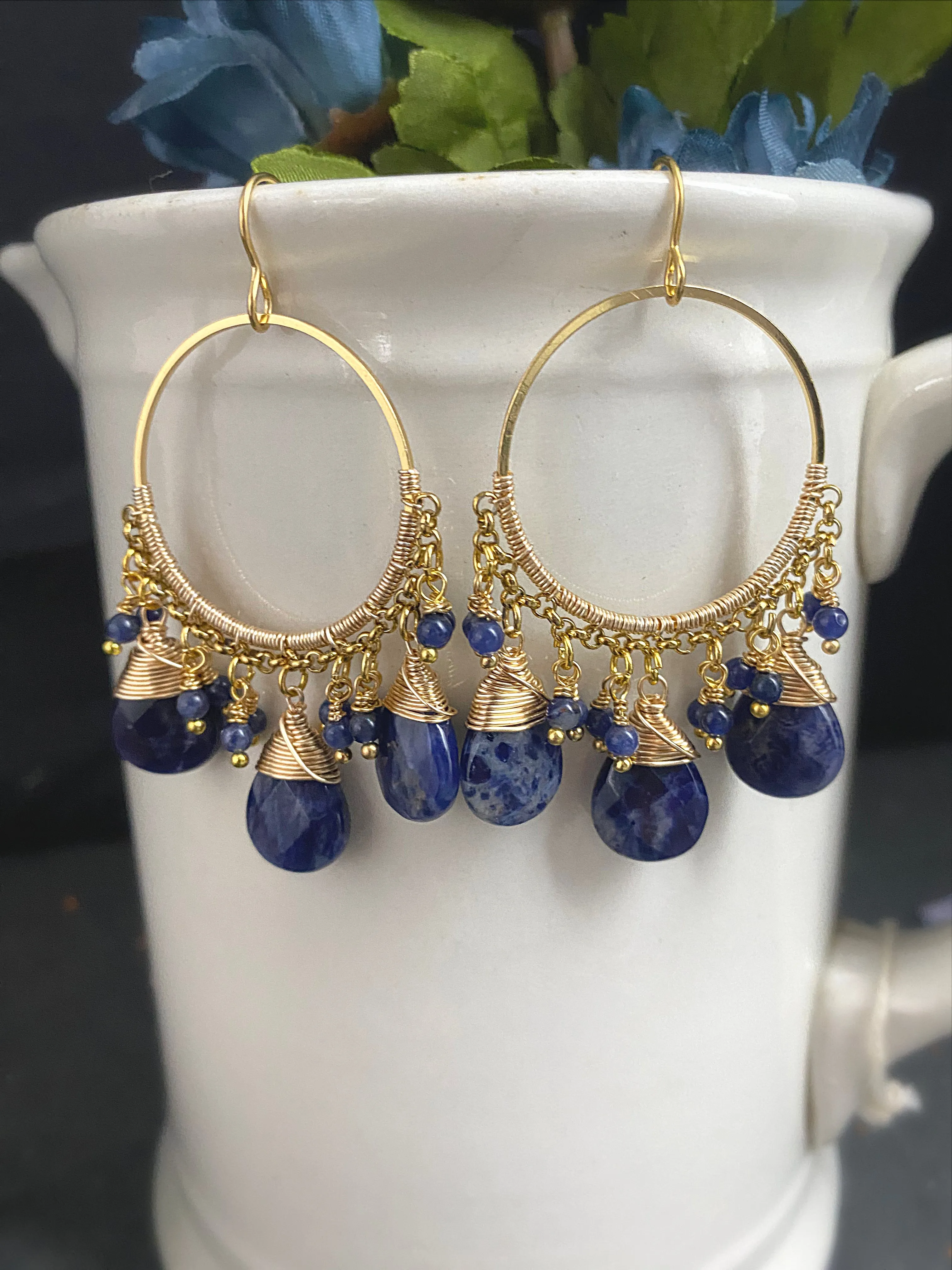 Sodalite stone and gold metal chandelier earrings, jewelry.