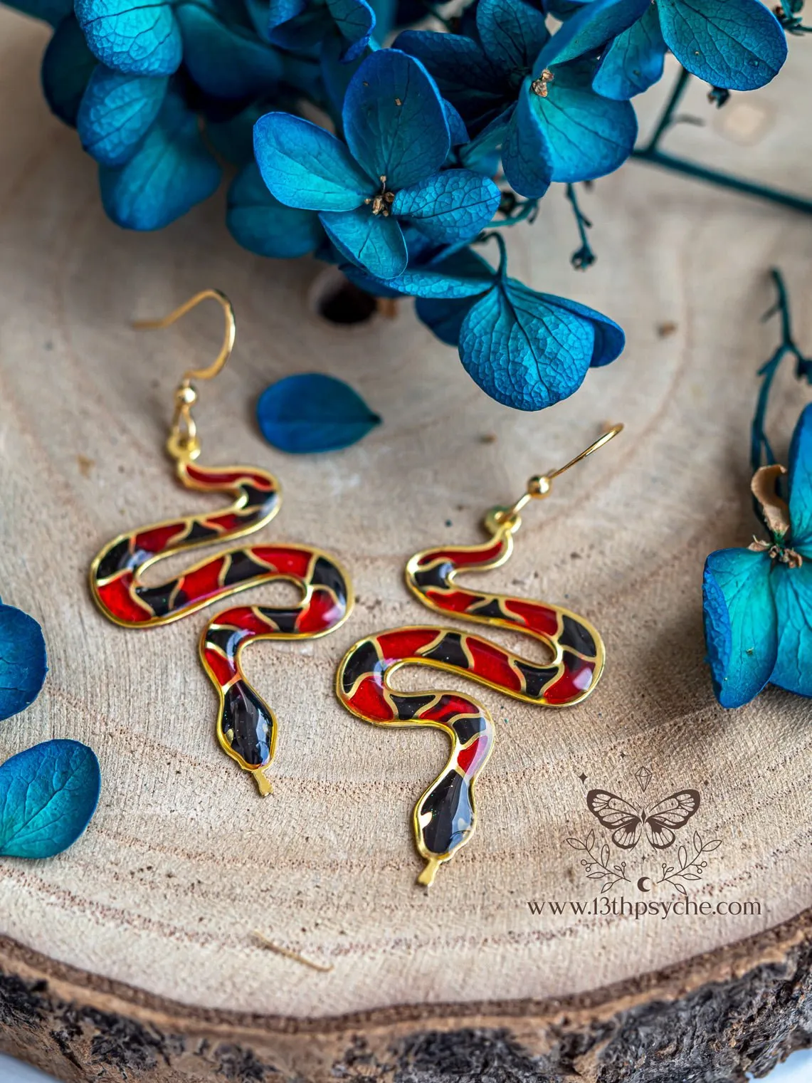 Stained glass inspired Coral Snake Earrings