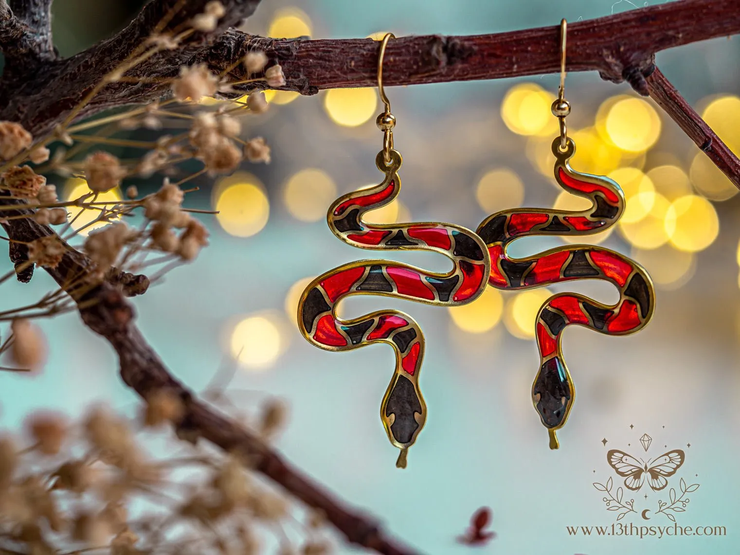 Stained glass inspired Coral Snake Earrings