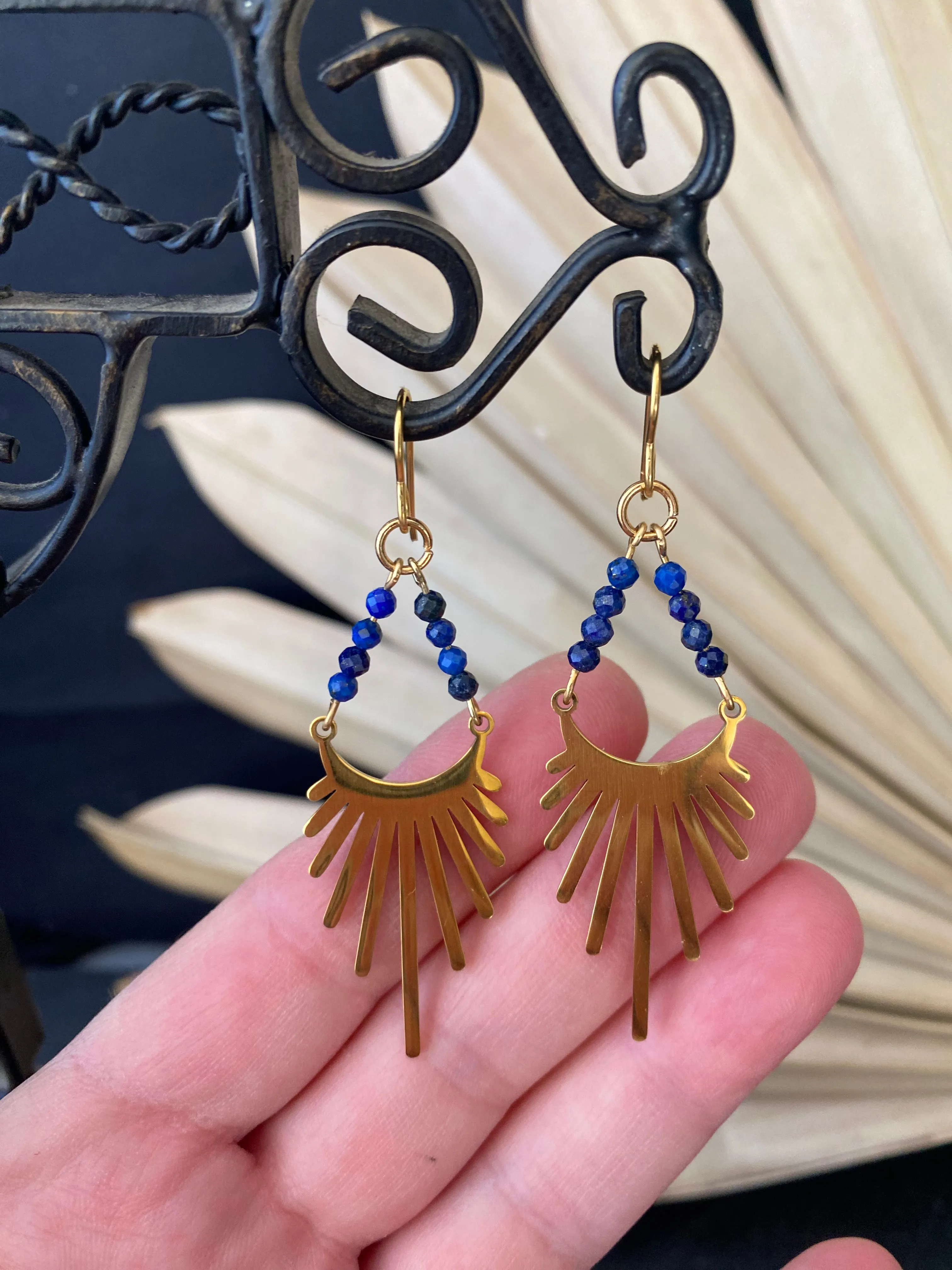 Starburst ray gold metal charms, lapis lazuli stone, earrings