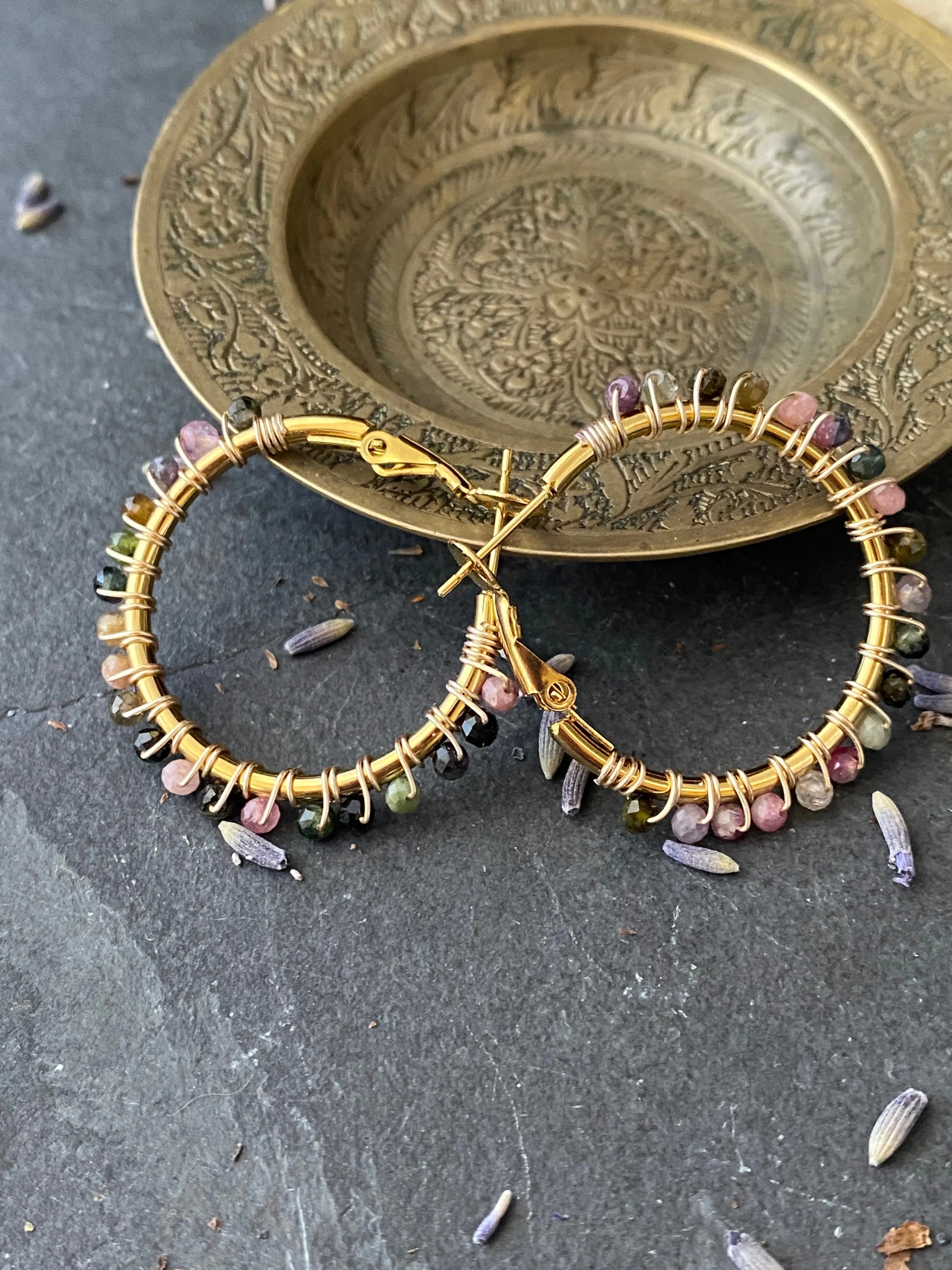 Tourmaline stone, gold metal wire wrapped hoops, gold earrings