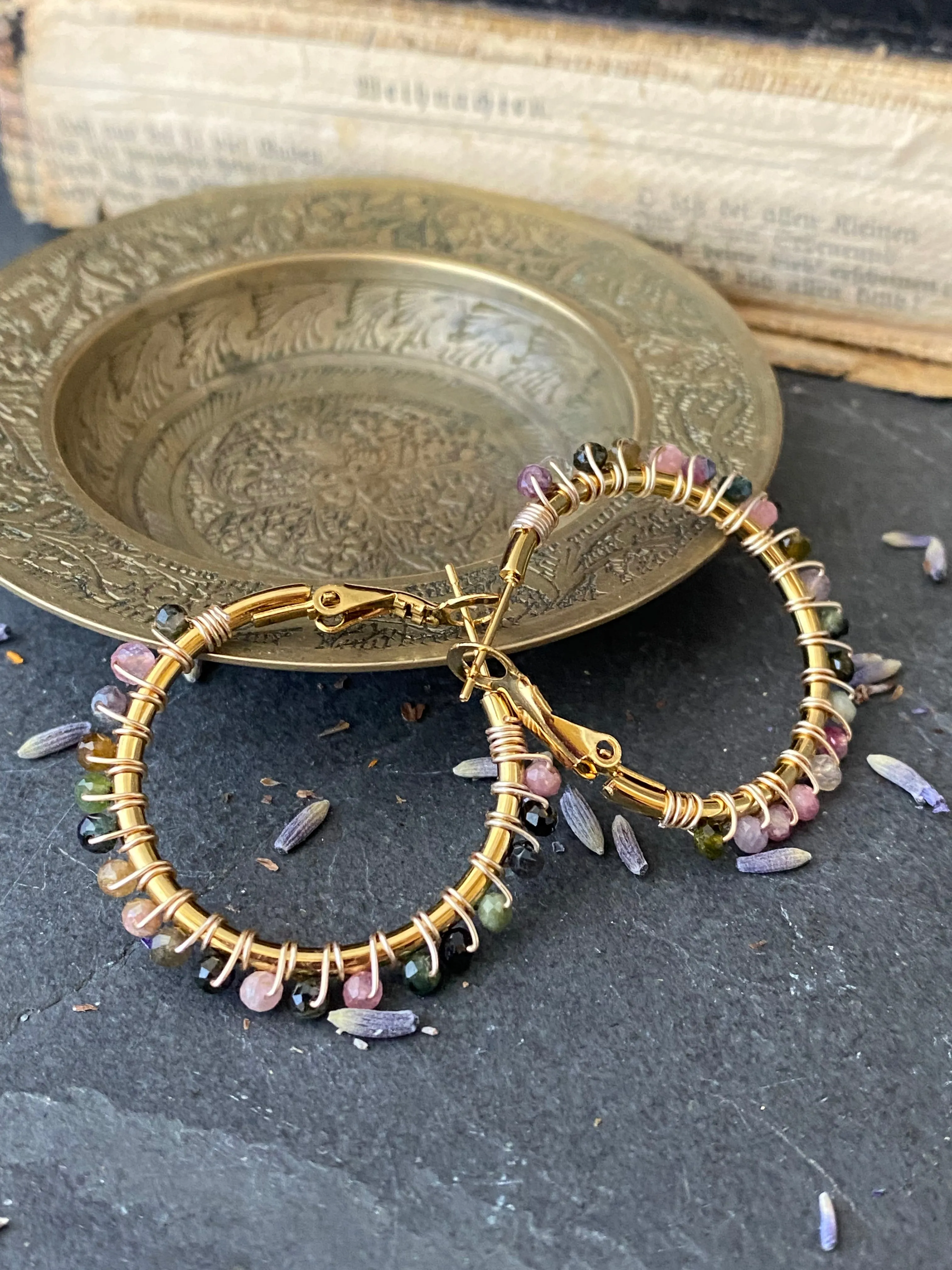 Tourmaline stone, gold metal wire wrapped hoops, gold earrings