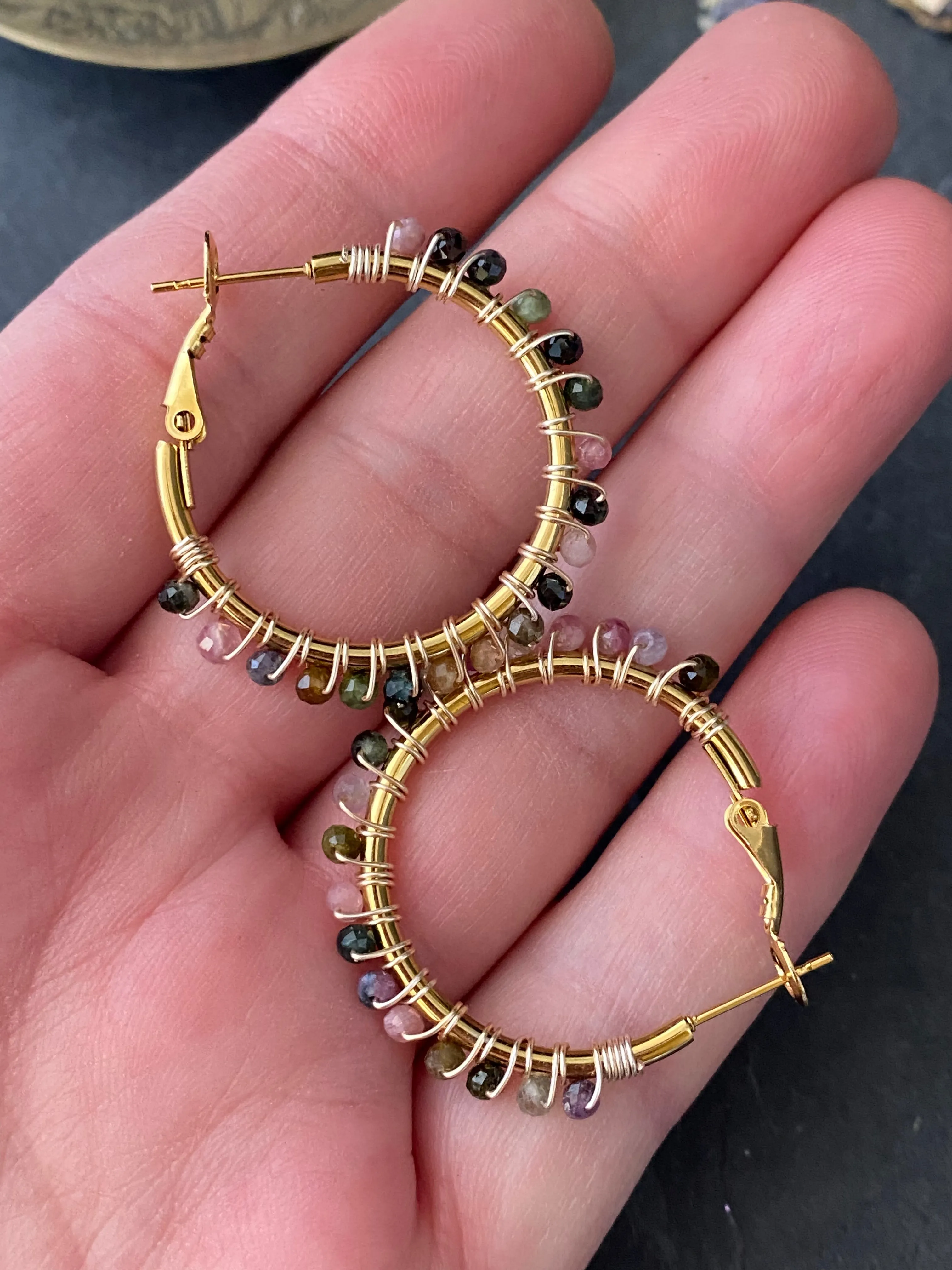 Tourmaline stone, gold metal wire wrapped hoops, gold earrings