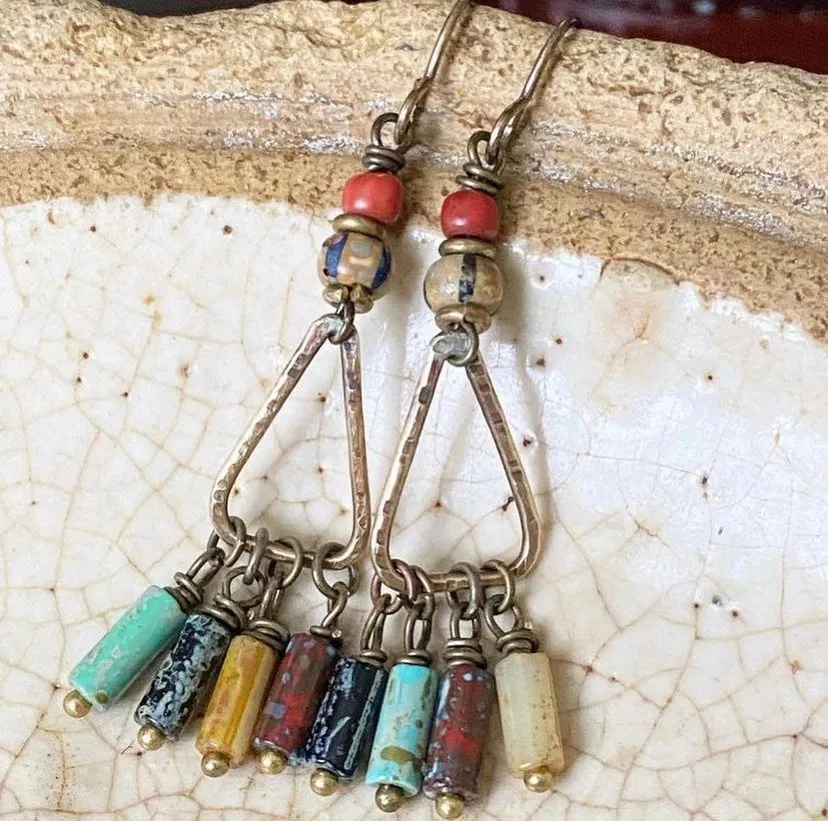 Triangles. Czech glass and bronze metal earrings