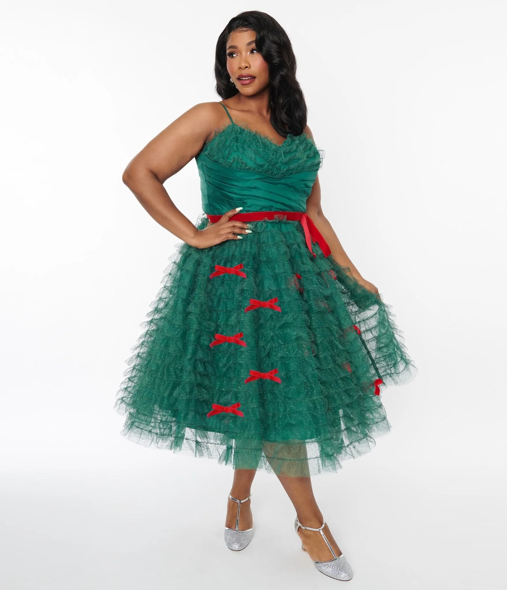 Unique Vintage Emerald Green & Red Ribbon Tulle Cupcake Swing Dress