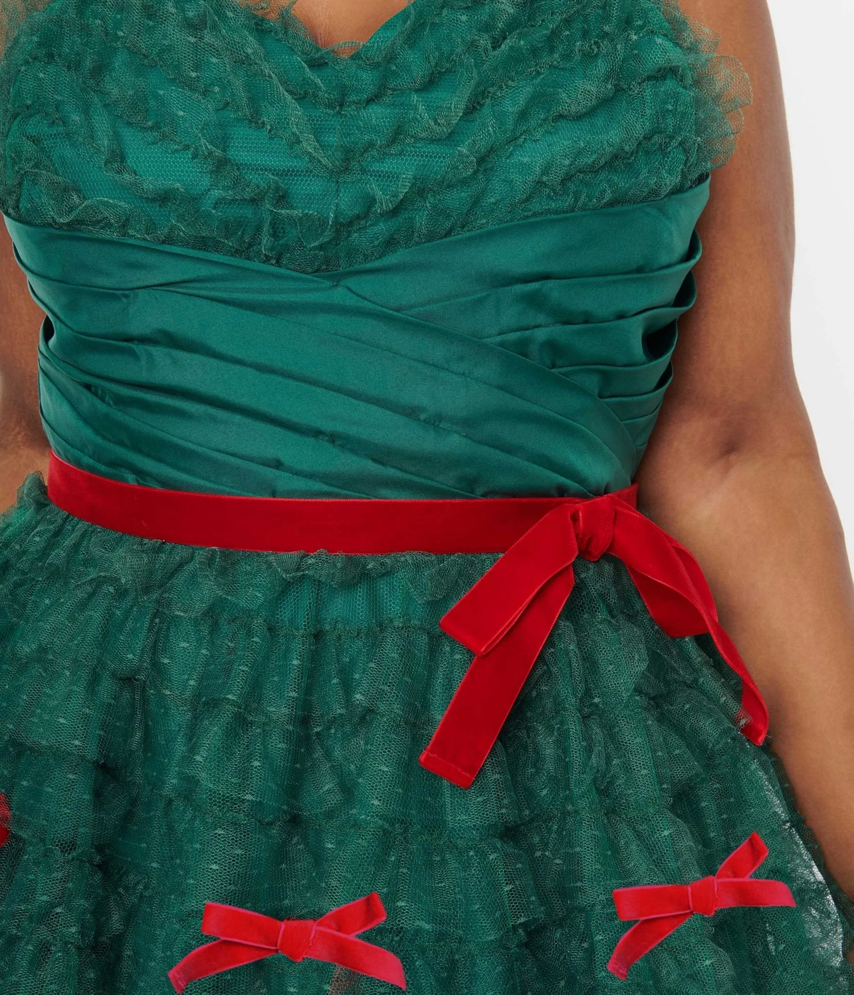 Unique Vintage Emerald Green & Red Ribbon Tulle Cupcake Swing Dress