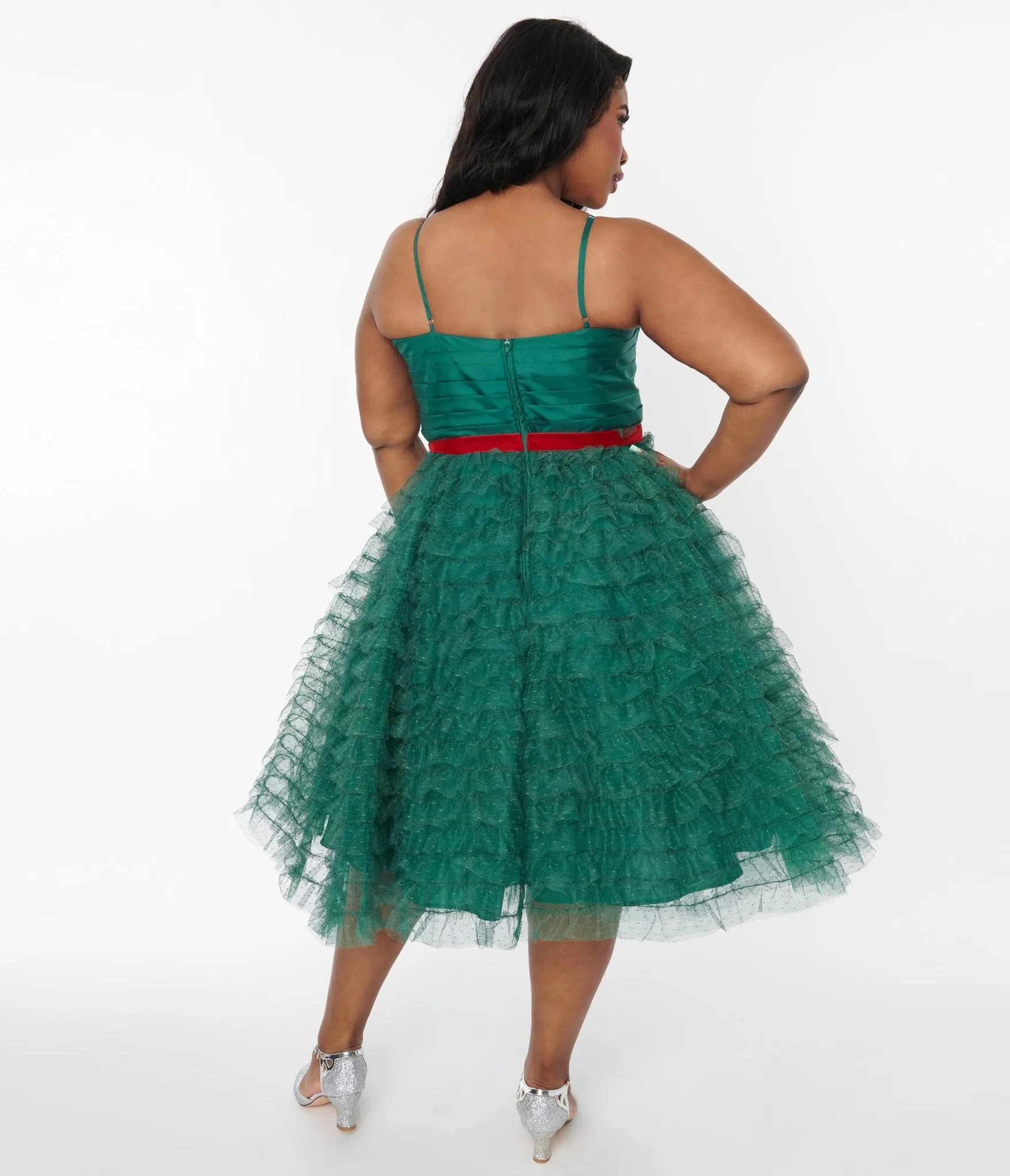 Unique Vintage Emerald Green & Red Ribbon Tulle Cupcake Swing Dress