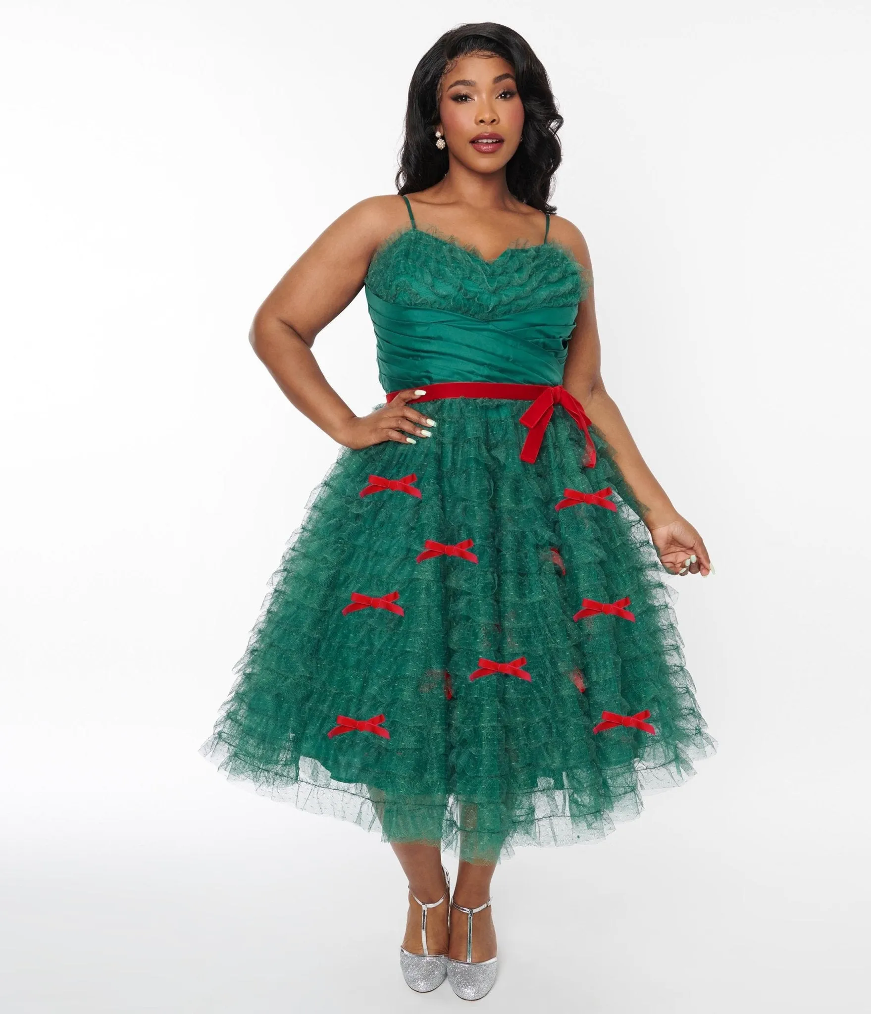 Unique Vintage Emerald Green & Red Ribbon Tulle Cupcake Swing Dress