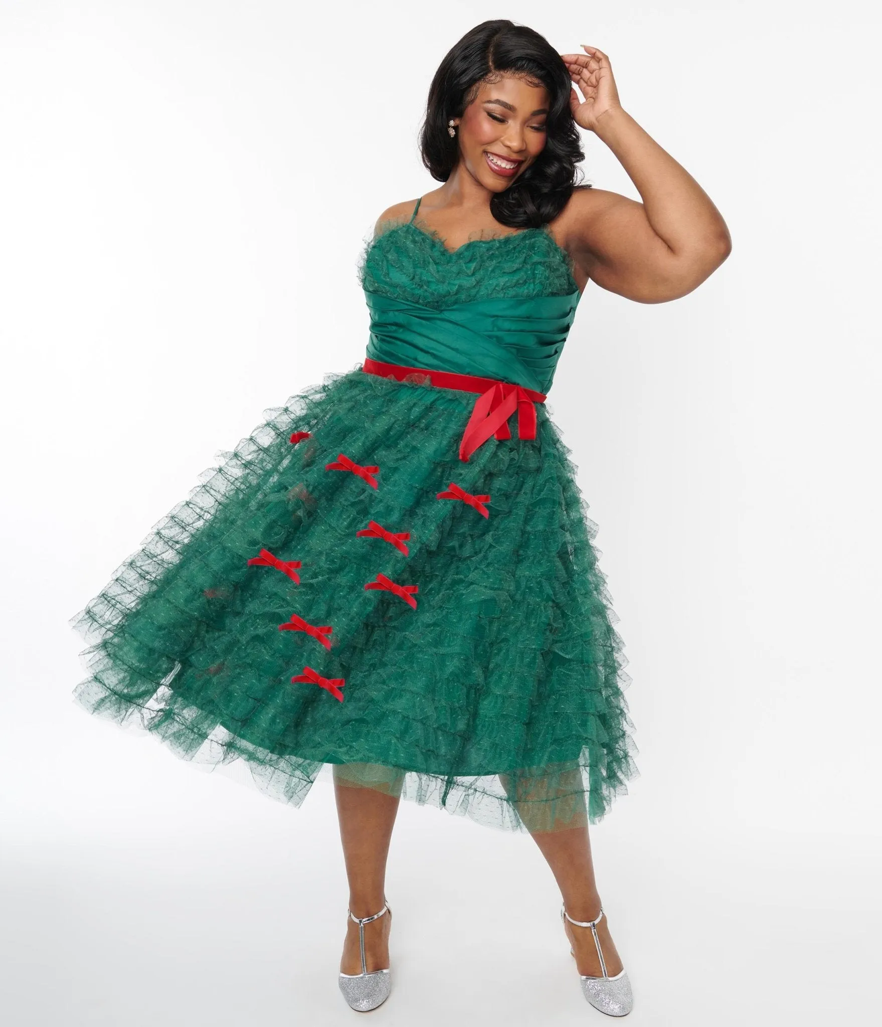 Unique Vintage Emerald Green & Red Ribbon Tulle Cupcake Swing Dress