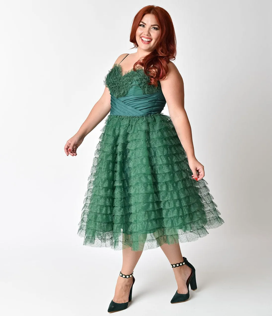 Unique Vintage Plus Size 1950s Emerald Green Ruffled Tulle Sweetheart Cupcake Swing Dress