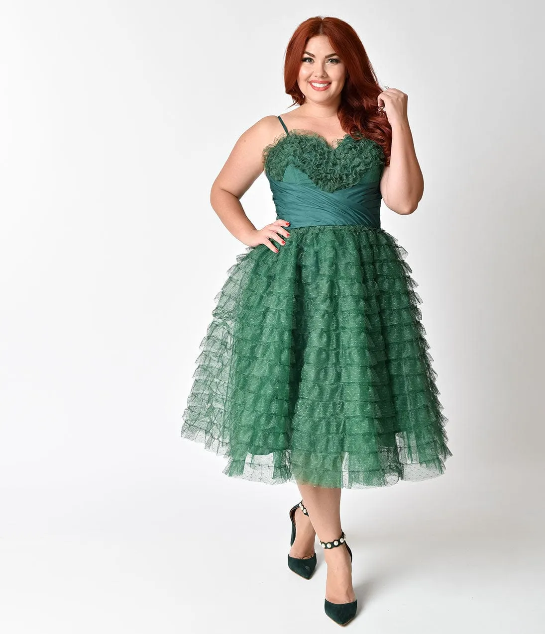 Unique Vintage Plus Size 1950s Emerald Green Ruffled Tulle Sweetheart Cupcake Swing Dress