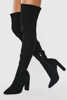 Wide Width High Block Heel Pointed Toe Over The Knee Boots